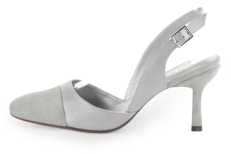Pearl grey and light silver women's slingback shoes. Round toe. High slim heel. Profile view - Florence KOOIJMAN